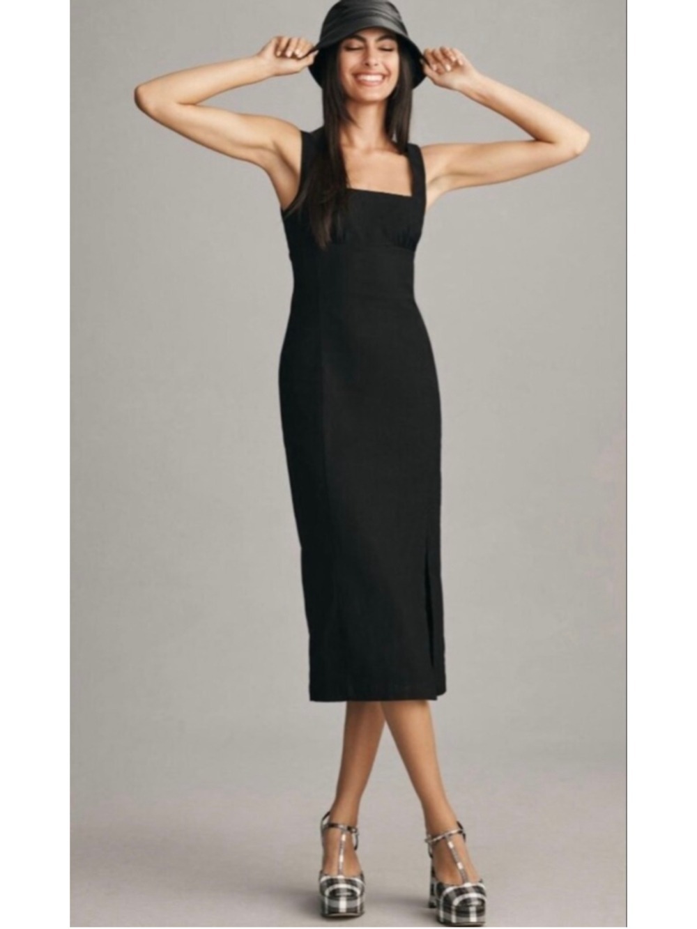 NEW Anthropologie Square Neck Midi Dress Linen Blend Black Women's Size Large